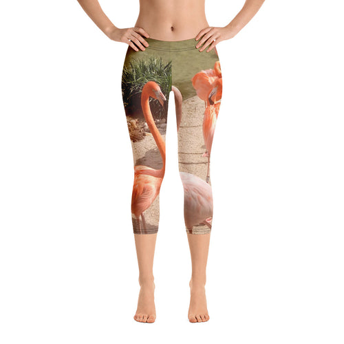 Women's Fitness/Fashion Capri Leggings - All-Over Print - Flamingo Friends Collection