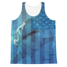 Load image into Gallery viewer, Unisex Tank Top (2-sided) - Surrounded by Sharks - Patriotic Flag Shark Shirt Collection