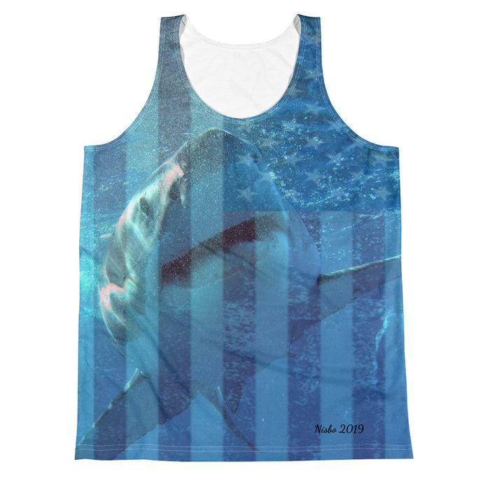 Unisex Tank Top (2-sided) - Surrounded by Sharks - Patriotic Flag Shark Shirt Collection